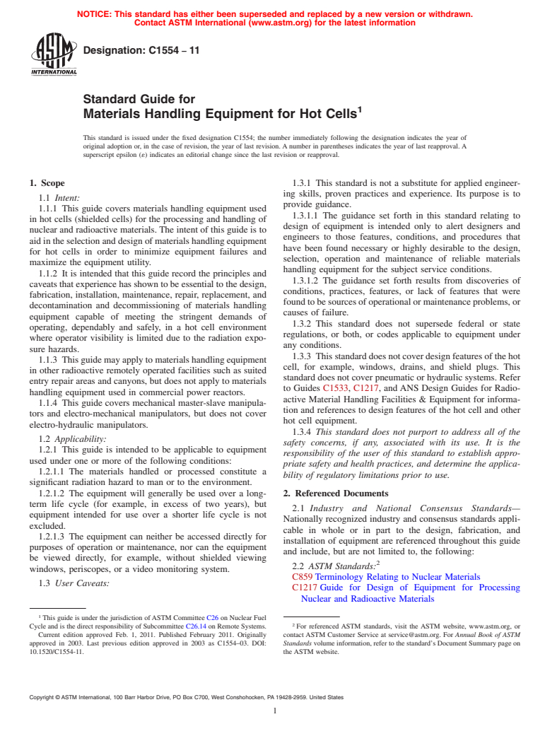 ASTM C1554-11 - Standard Guide for Materials Handling Equipment for Hot Cells