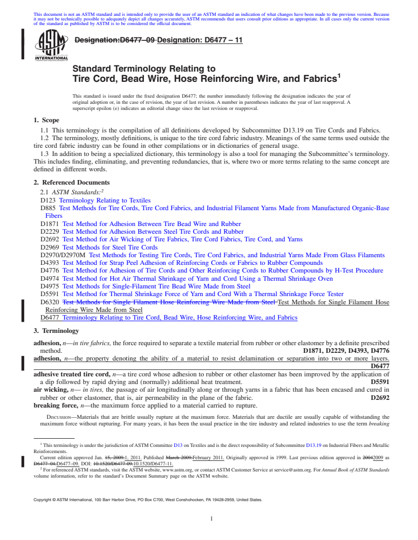 REDLINE ASTM D6477-11 - Standard Terminology Relating to Tire Cord, Bead Wire, Hose Reinforcing Wire, and Fabrics