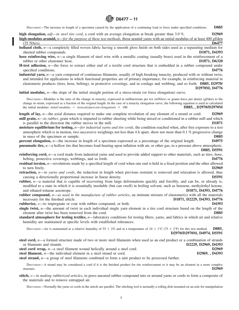 REDLINE ASTM D6477-11 - Standard Terminology Relating to Tire Cord, Bead Wire, Hose Reinforcing Wire, and Fabrics