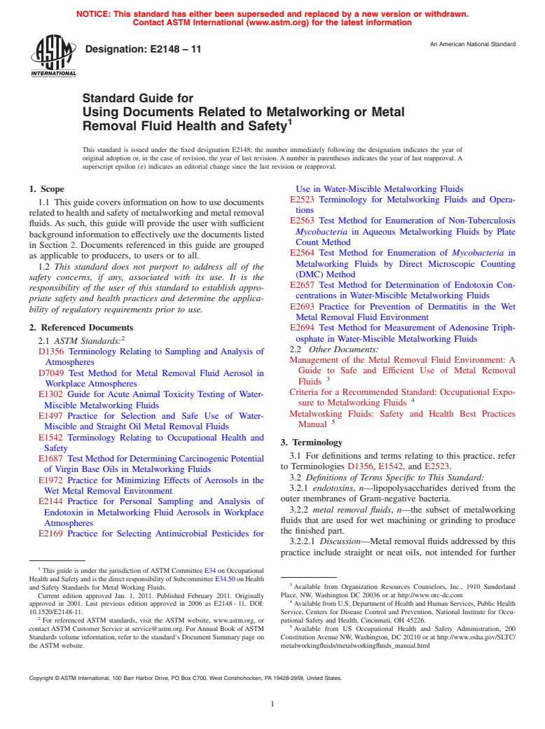 ASTM E2148-11 - Standard Guide for Using Documents Related to Metalworking or Metal Removal Fluid Health and Safety