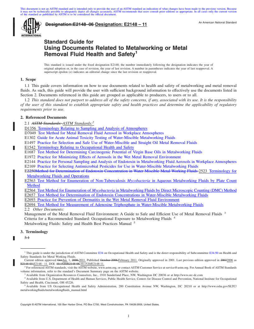 REDLINE ASTM E2148-11 - Standard Guide for Using Documents Related to Metalworking or Metal Removal Fluid Health and Safety