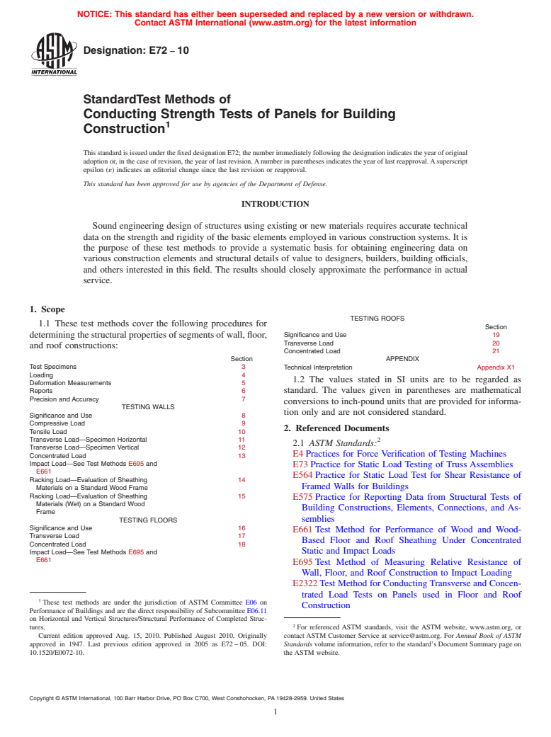 ASTM E72-10 - Standard Test Methods of Conducting Strength Tests of Panels for Building Construction
