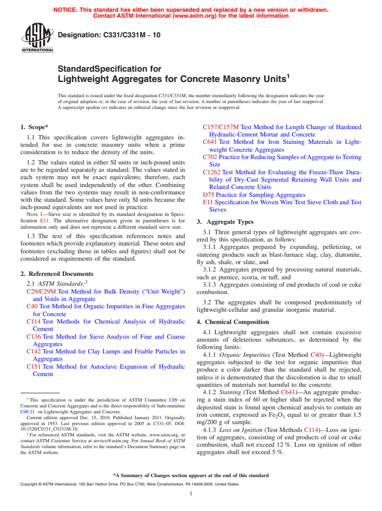 ASTM C331/C331M-10 - Standard Specification for Lightweight Aggregates for Concrete Masonry Units