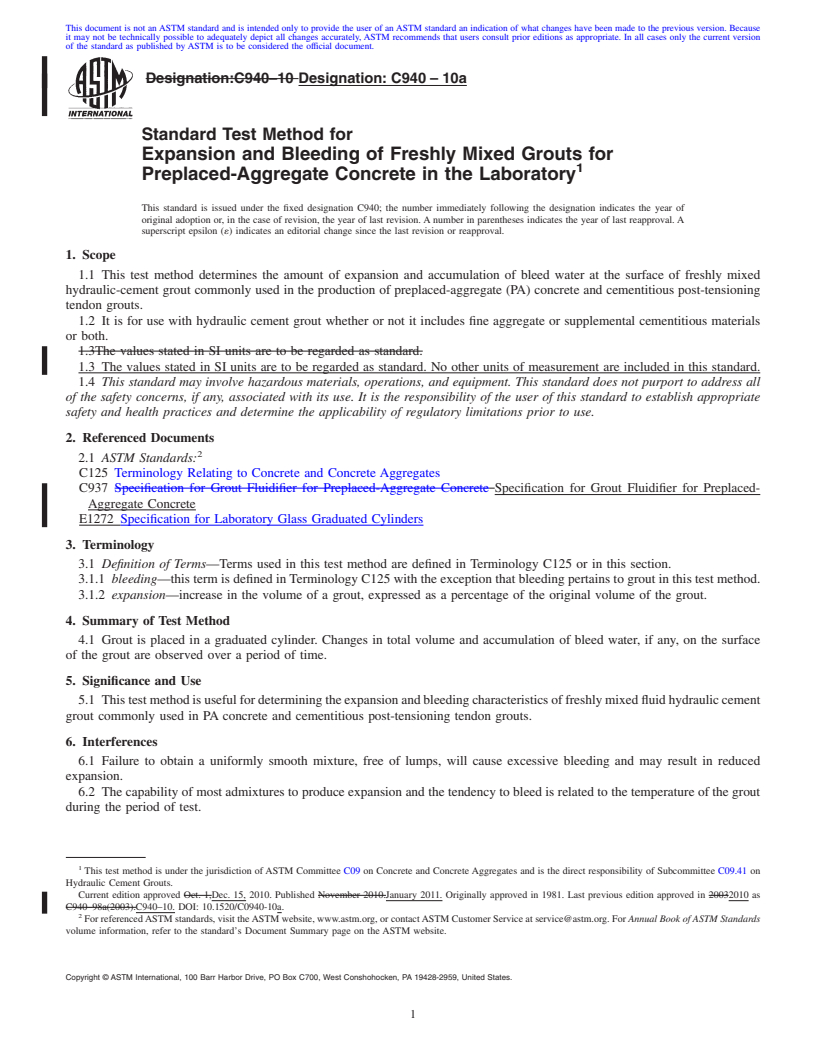 REDLINE ASTM C940-10a - Standard Test Method for Expansion and Bleeding of Freshly Mixed Grouts for Preplaced-Aggregate Concrete in the Laboratory