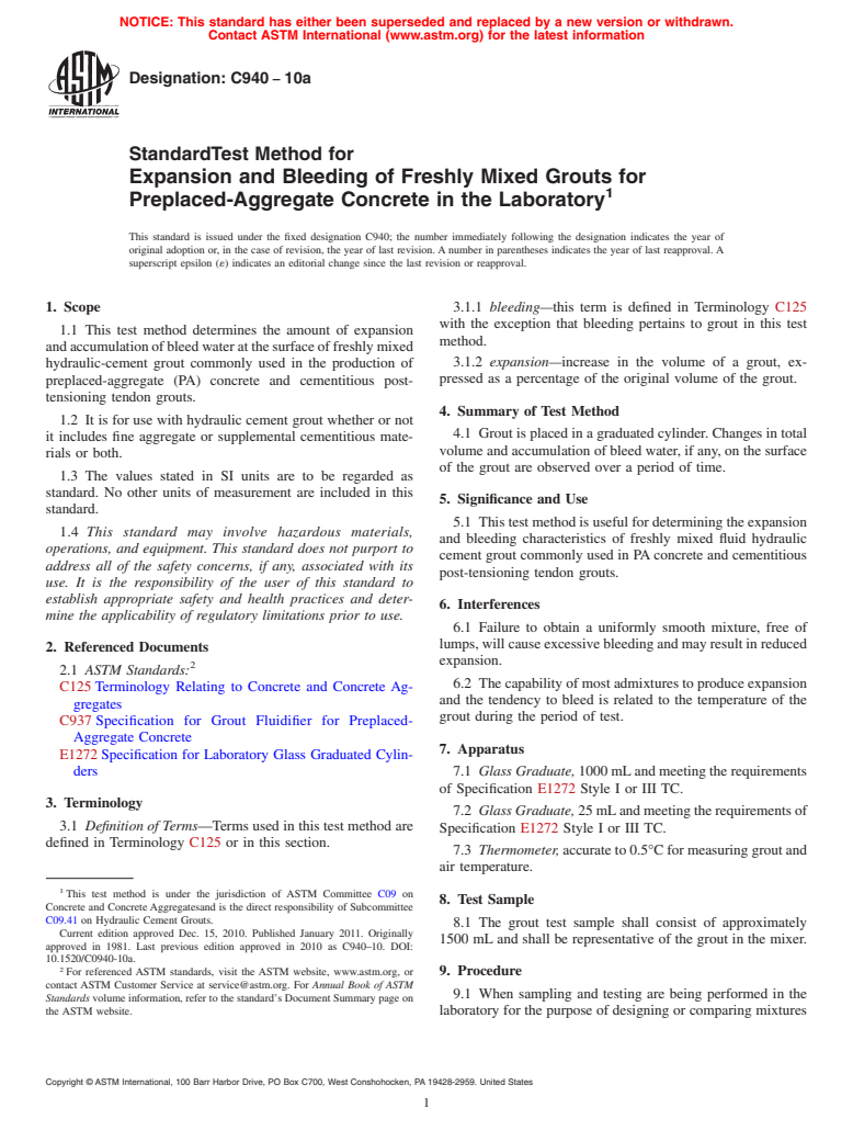 ASTM C940-10a - Standard Test Method for Expansion and Bleeding of Freshly Mixed Grouts for Preplaced-Aggregate Concrete in the Laboratory