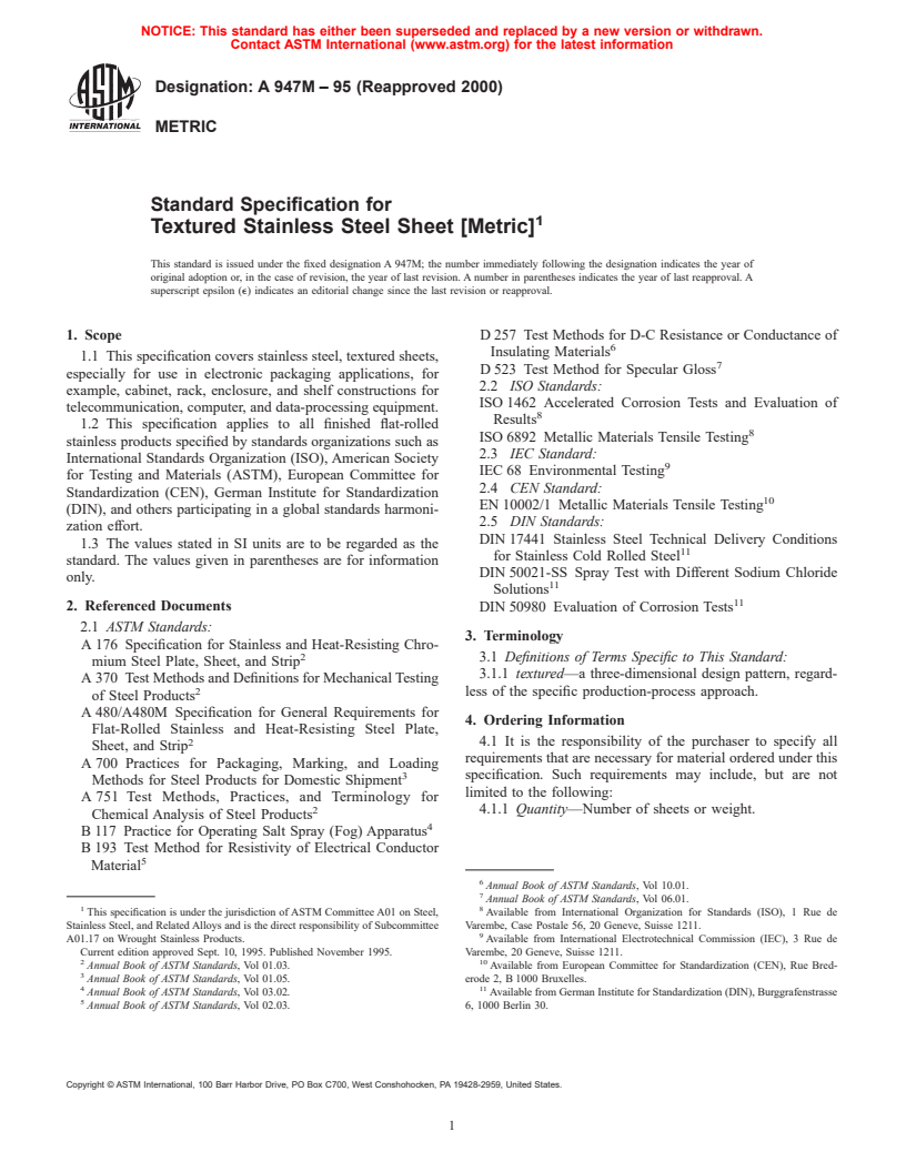 ASTM A947M-95(2000) - Standard Specification for Textured Stainless Steel Sheet [Metric]