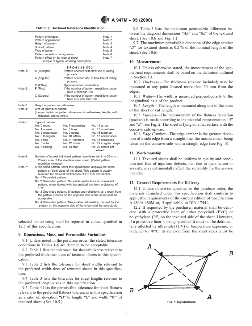 ASTM A947M-95(2000) - Standard Specification for Textured Stainless Steel Sheet [Metric]