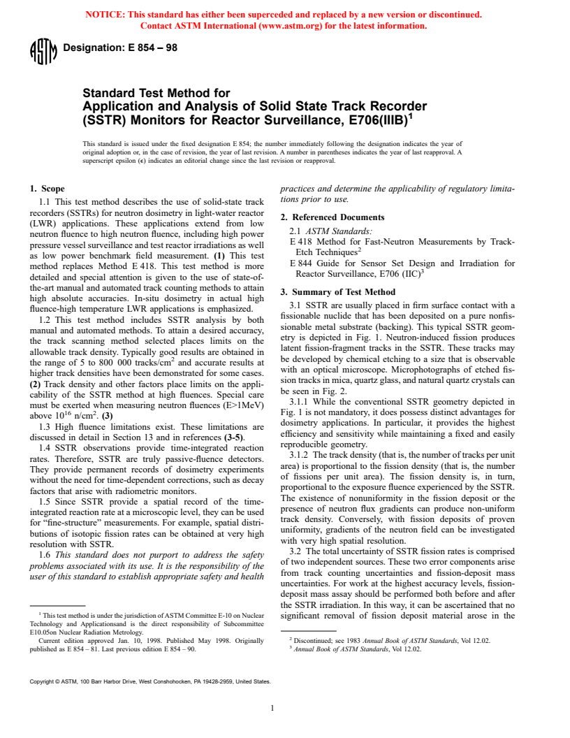 ASTM E854-98 - Standard Test Method for Application and Analysis of Solid State Track Recorder (SSTR) Monitors for Reactor Surveillance, E706(IIIB)