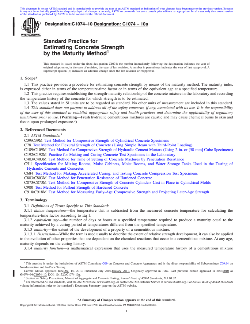 REDLINE ASTM C1074-10a - Standard Practice for Estimating Concrete Strength by the Maturity Method