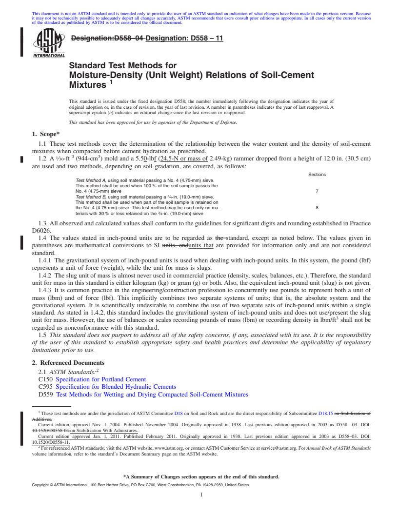 REDLINE ASTM D558-11 - Standard Test Methods for Moisture-Density (Unit Weight) Relations of Soil-Cement Mixtures