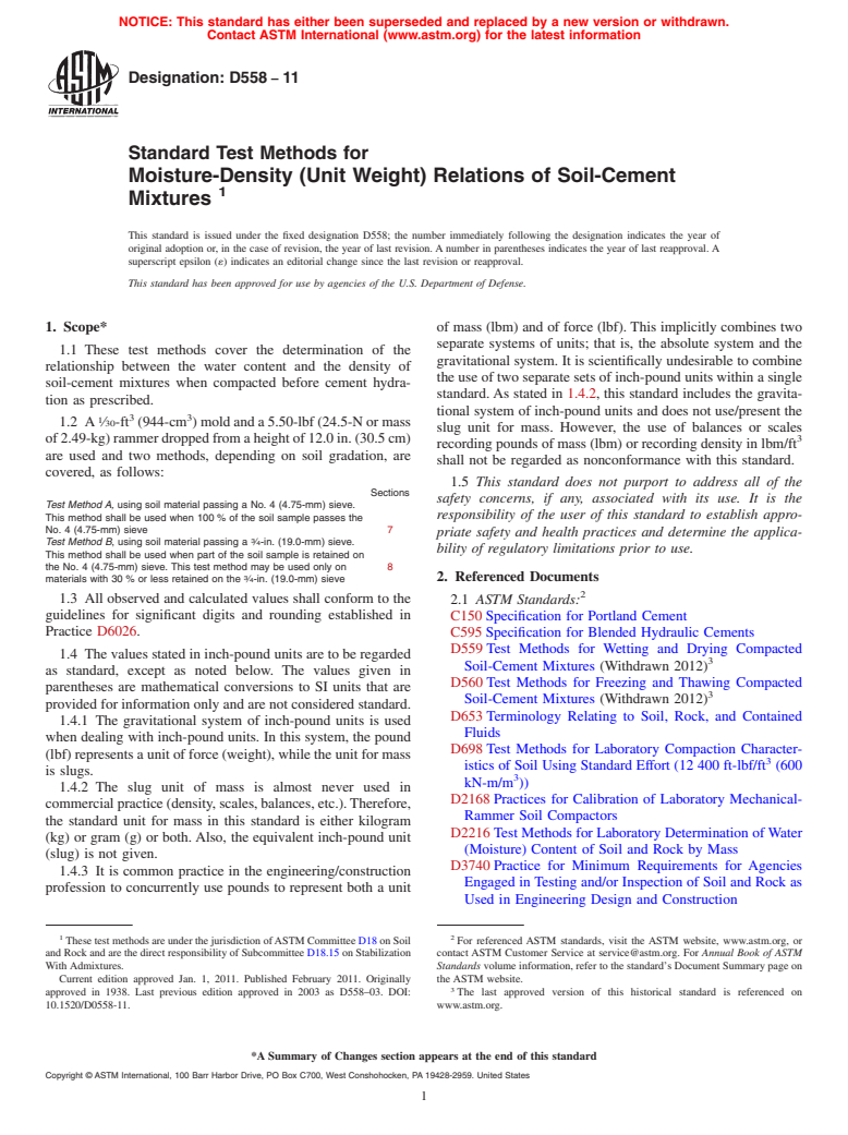 ASTM D558-11 - Standard Test Methods for Moisture-Density (Unit Weight) Relations of Soil-Cement Mixtures