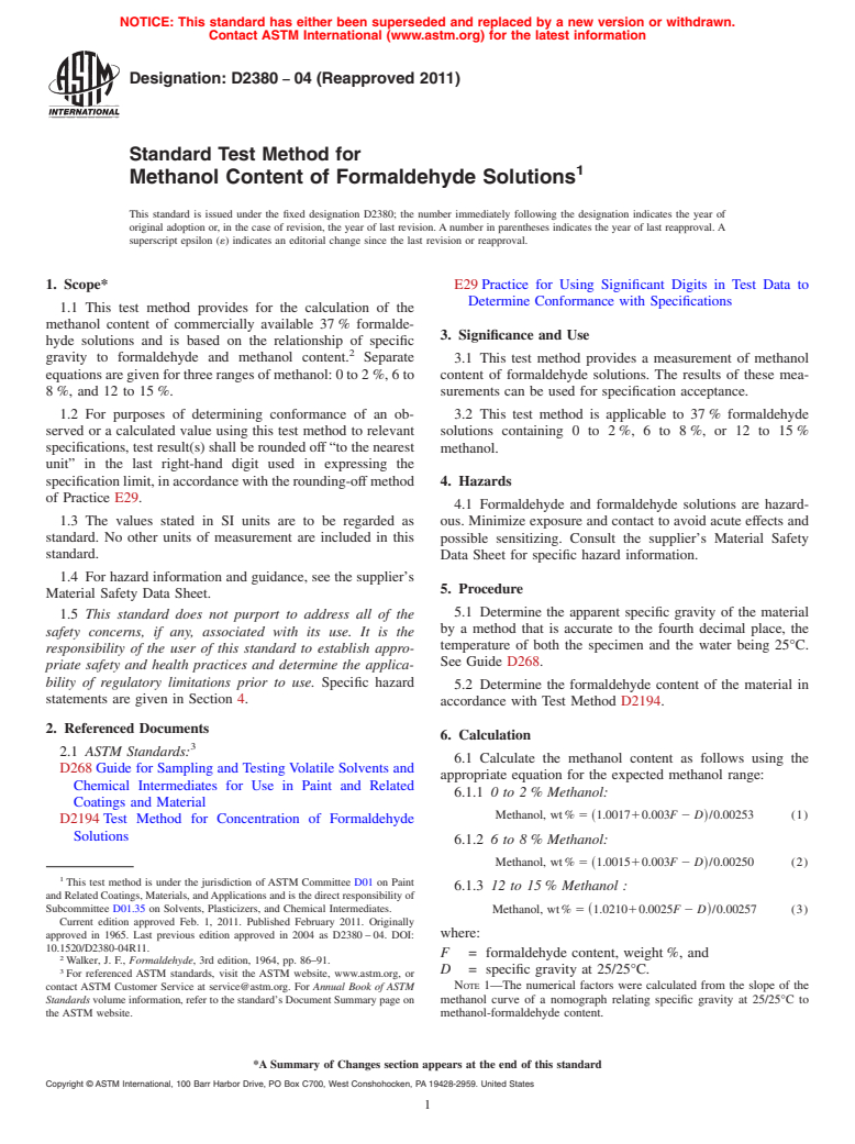 ASTM D2380-04(2011) - Standard Test Method for Methanol Content of Formaldehyde Solutions