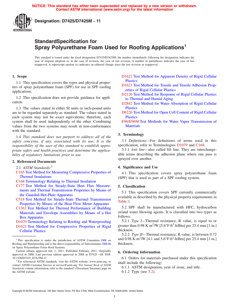 ASTM D7425/D7425M-11 - Standard Specification for Spray Polyurethane Foam Used for Roofing Applications