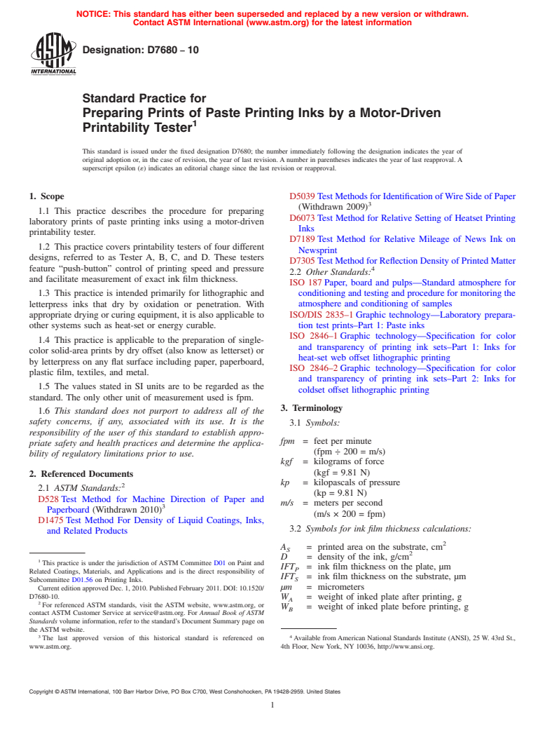 ASTM D7680-10 - Standard Practice for Preparing Prints of Paste Printing Inks by a Motor-Driven Printability Tester