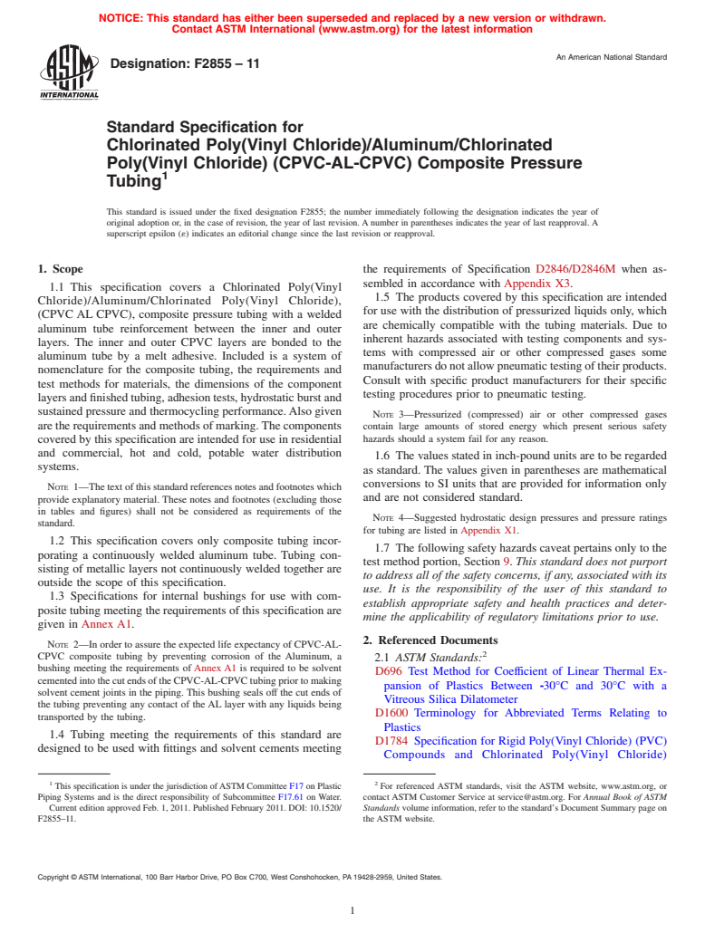 ASTM F2855-11 - Standard Specification for Chlorinated Poly(Vinyl Chloride)/Aluminum/Chlorinated Poly(Vinyl Chloride) (CPVC-AL-CPVC) Composite Pressure Tubing