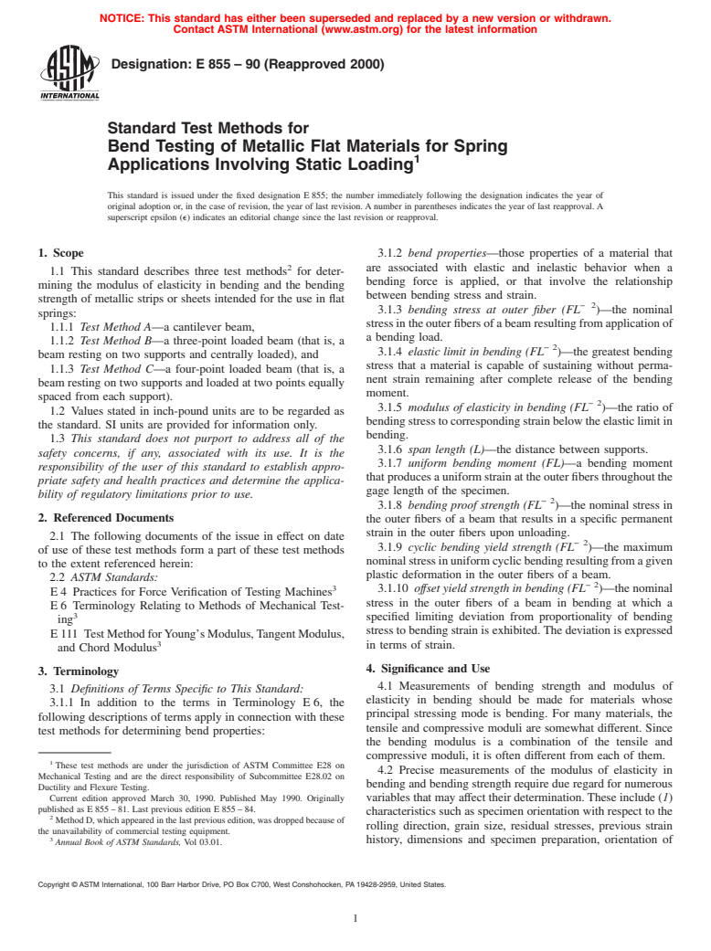 ASTM E855-90(2000) - Standard Test Methods for Bend Testing of Metallic Flat Materials for Spring Applications Involving Static Loading