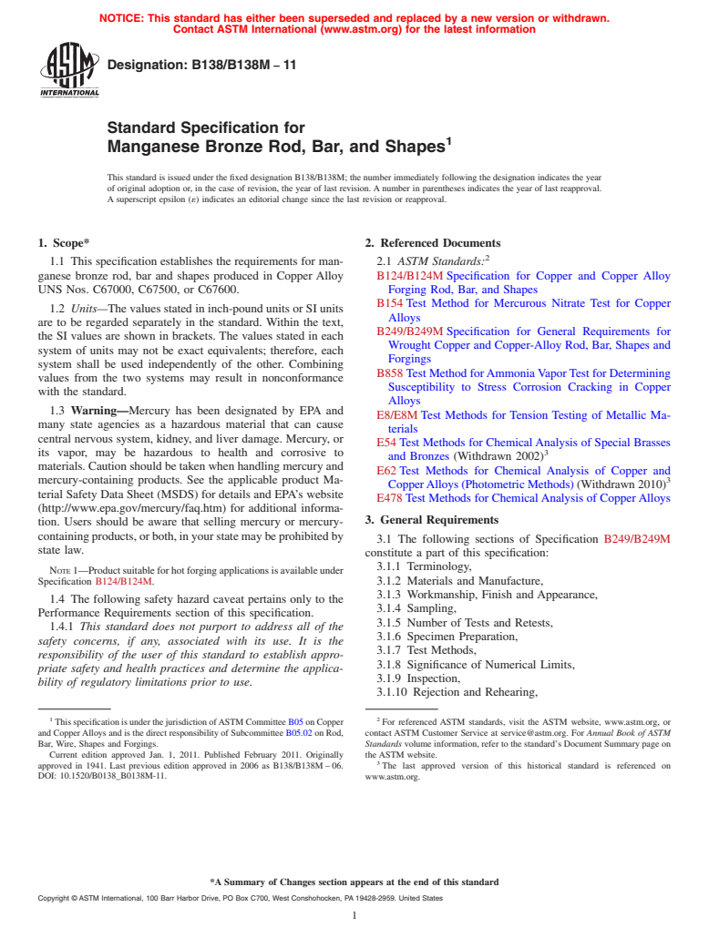 ASTM B138/B138M-11 - Standard Specification for Manganese Bronze Rod, Bar, and Shapes