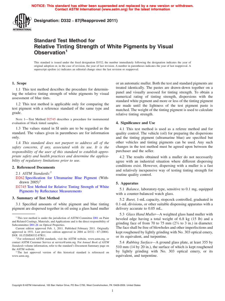 ASTM D332-87(2011) - Standard Test Method for Relative Tinting Strength of White Pigments by Visual Observation