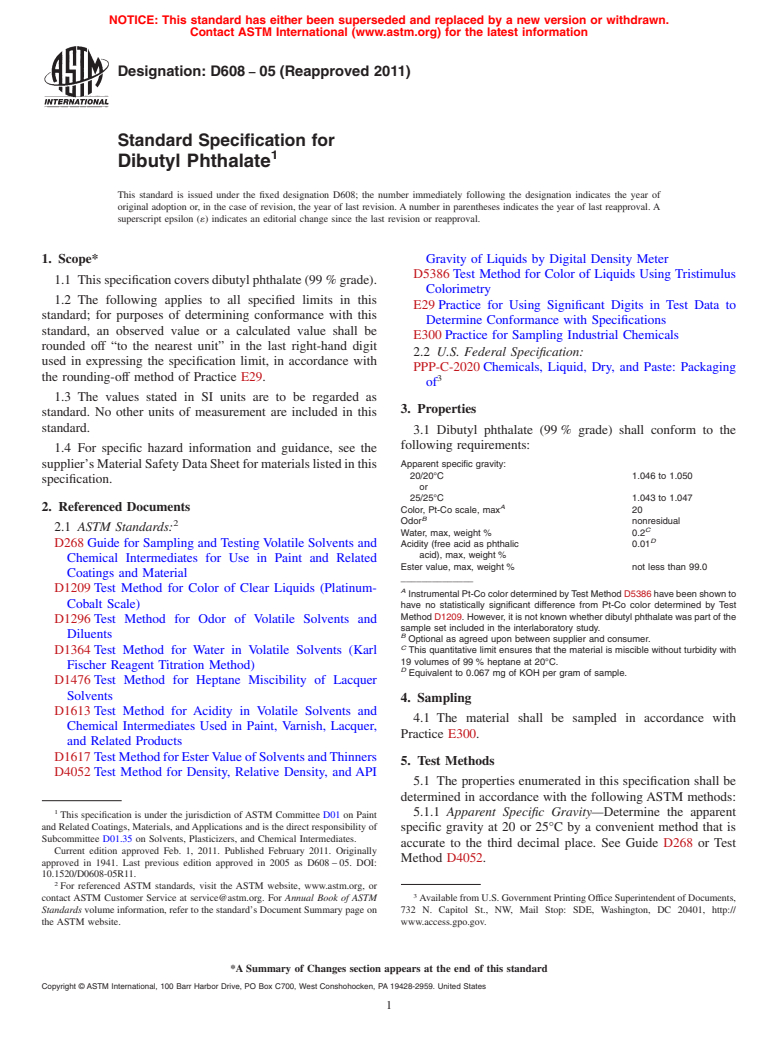 ASTM D608-05(2011) - Standard Specification for Dibutyl Phthalate