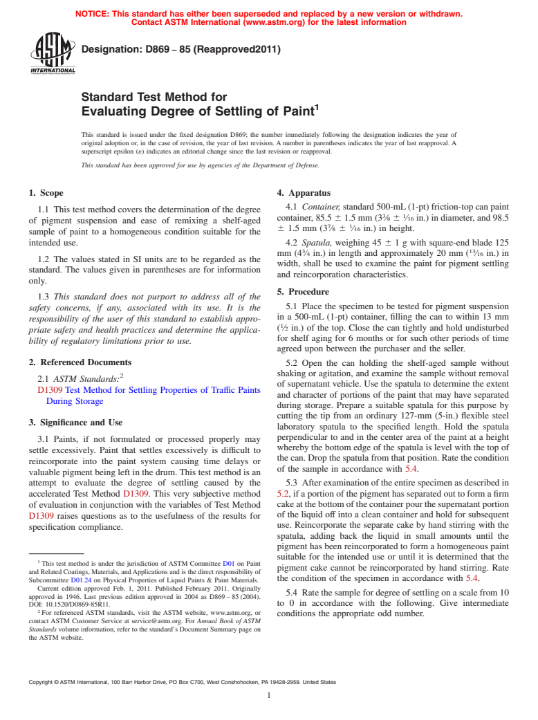 ASTM D869-85(2011) - Standard Test Method for Evaluating Degree of Settling of Paint