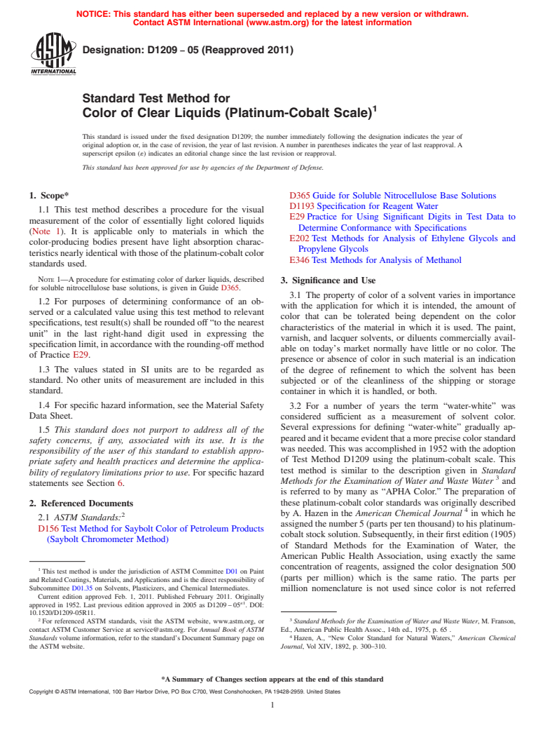 ASTM D1209-05(2011) - Standard Test Method for  Color of Clear Liquids (Platinum-Cobalt Scale)