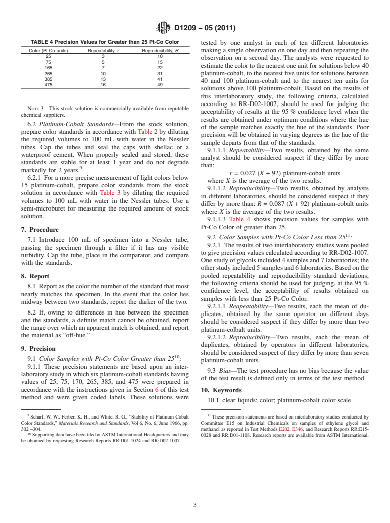 ASTM D1209-05(2011) - Standard Test Method for  Color of Clear Liquids (Platinum-Cobalt Scale)