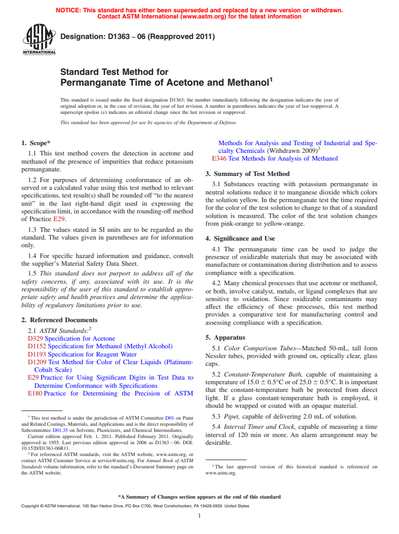 ASTM D1363-06(2011) - Standard Test Method for Permanganate Time of Acetone and Methanol