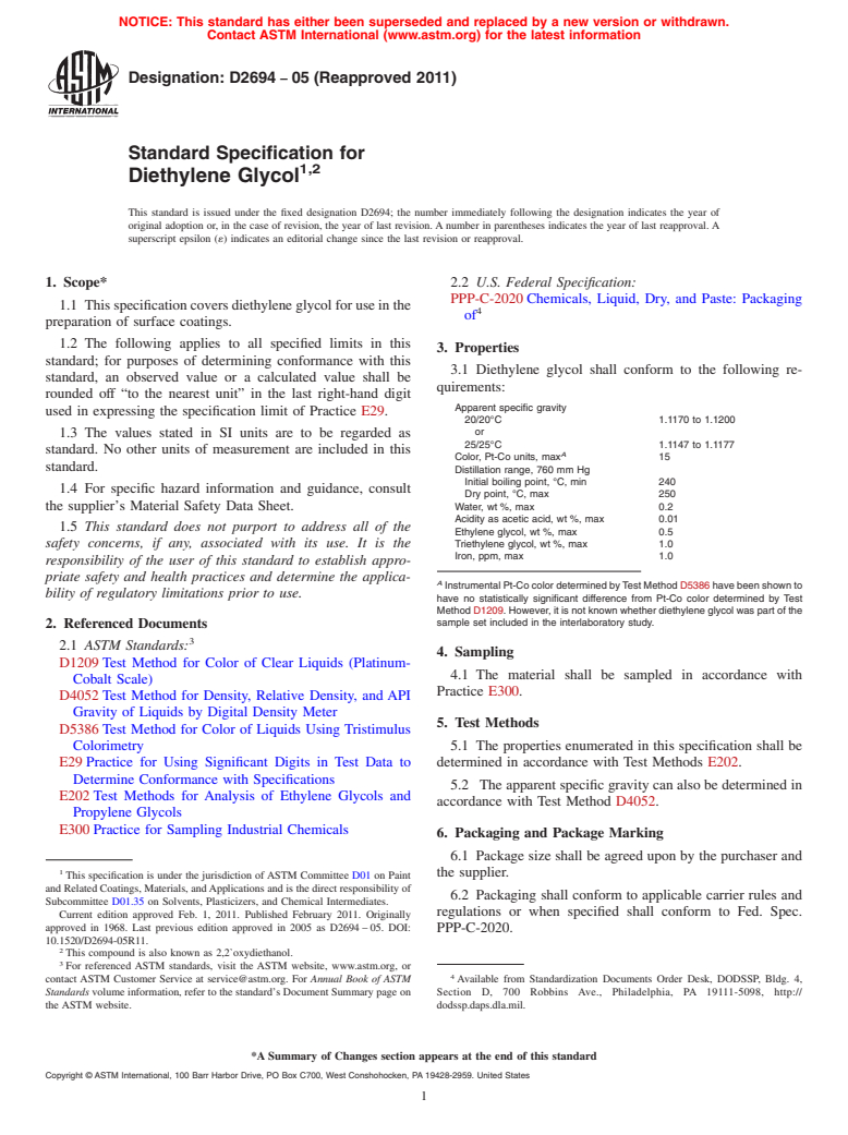 ASTM D2694-05(2011) - Standard Specification for Diethylene Glycol