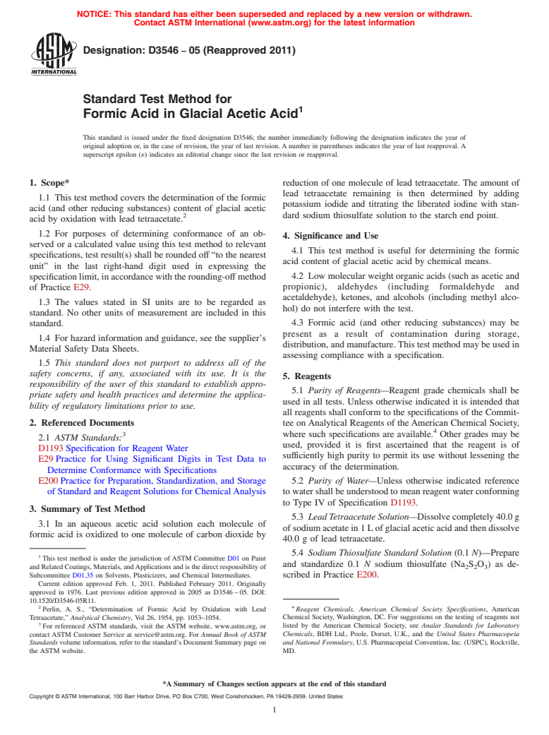 ASTM D3546-05(2011) - Standard Test Method for Formic Acid in Glacial Acetic Acid