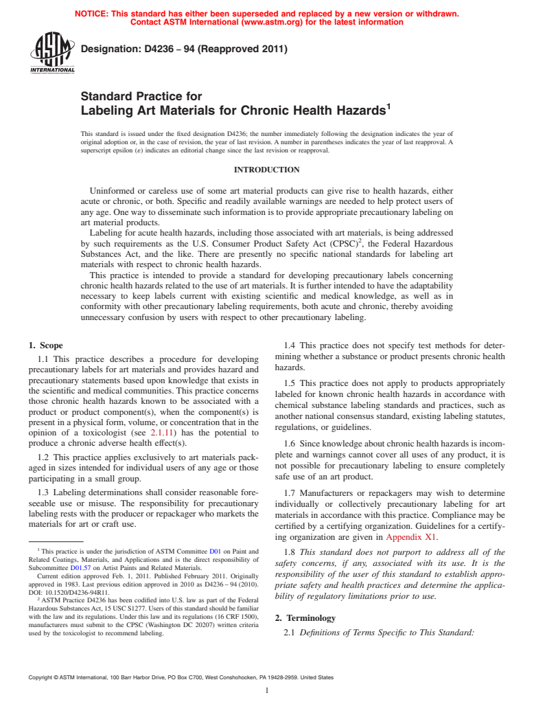 ASTM D4236-94(2011) - Standard Practice for Labeling Art Materials for Chronic Health Hazards