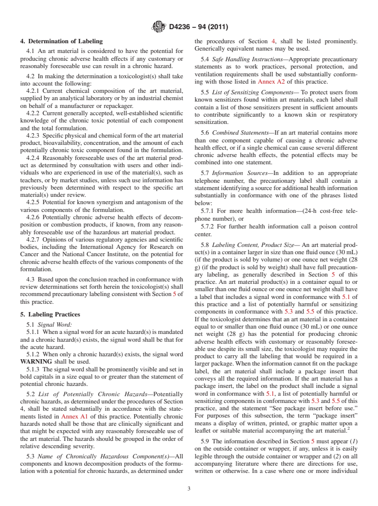 ASTM D4236-94(2011) - Standard Practice for Labeling Art Materials for Chronic Health Hazards