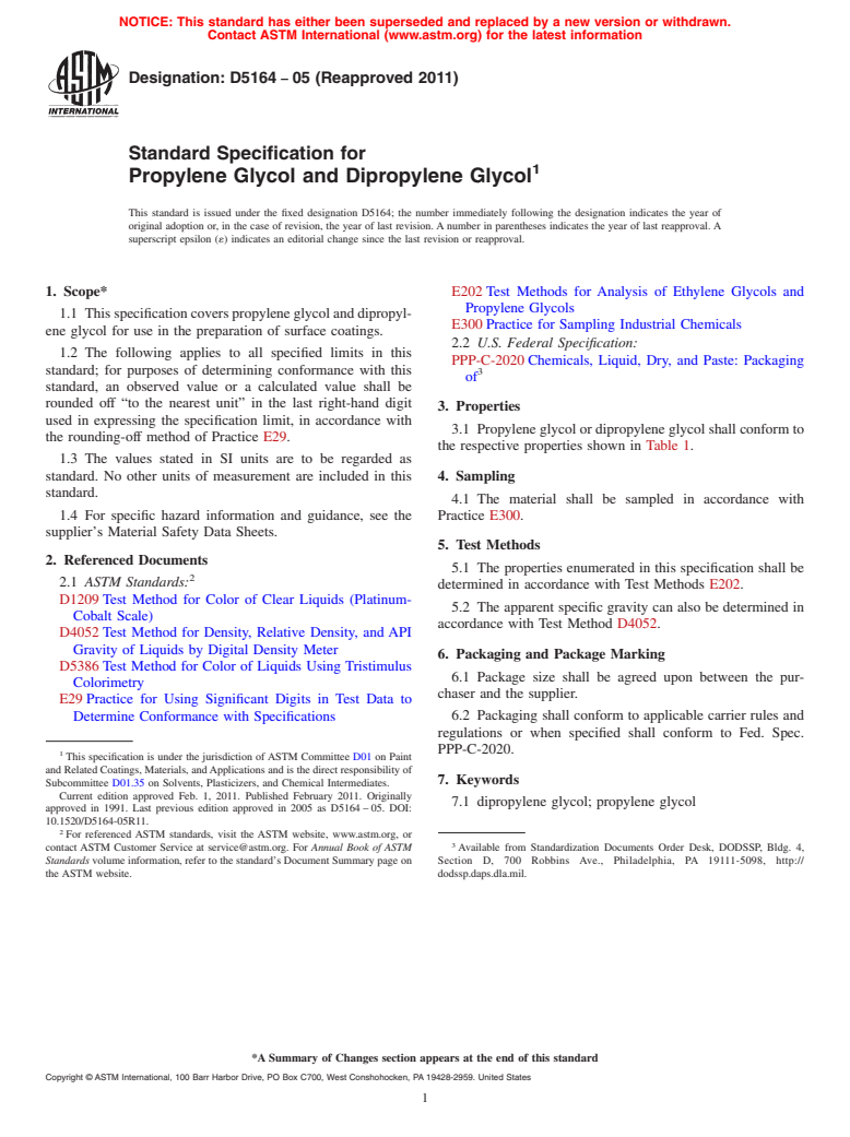 ASTM D5164-05(2011) - Standard Specification for Propylene Glycol and Dipropylene Glycol