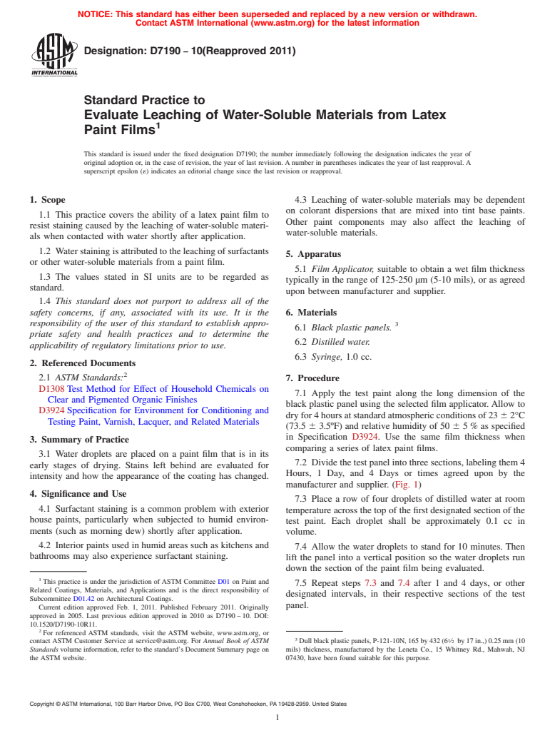 ASTM D7190-10(2011) - Standard Practice to Evaluate Leaching of Water-Soluble Materials from Latex Paint Films