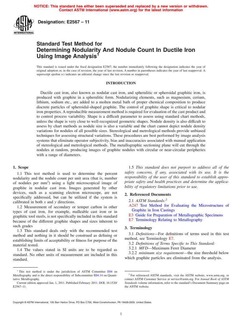 ASTM E2567-11 - Standard Test Method for Determining Nodularity And Nodule Count In Ductile Iron Using Image Analysis