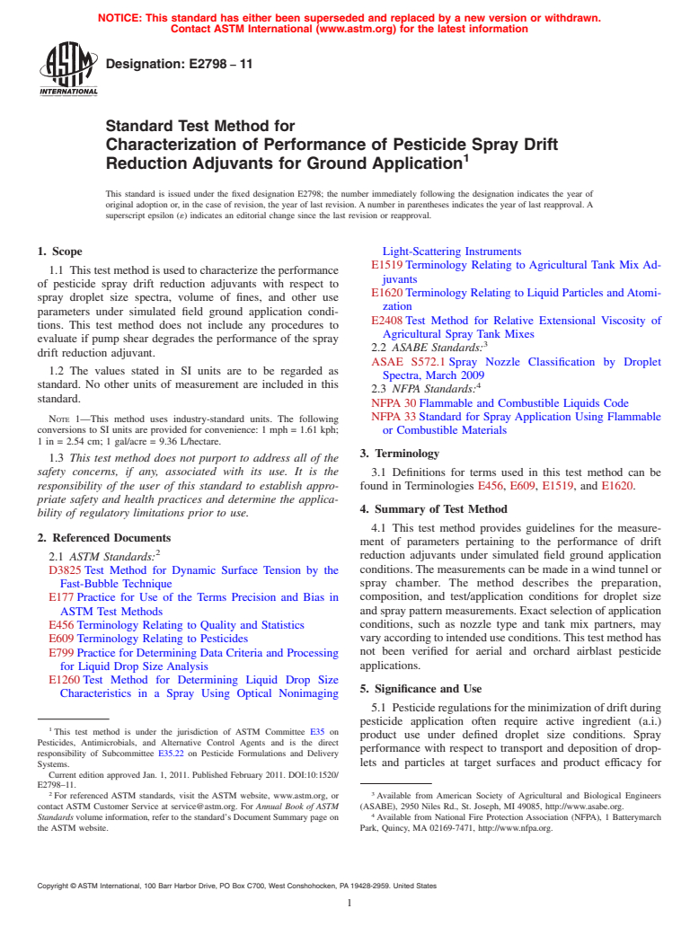 ASTM E2798-11 - Standard Test Method for Characterization of Performance of Pesticide Spray Drift Reduction Adjuvants for Ground Application