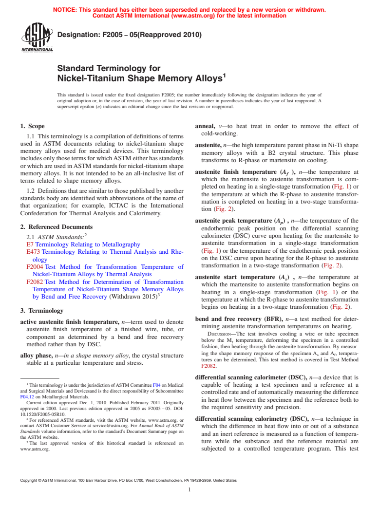 ASTM F2005-05(2010) - Standard Terminology for Nickel-Titanium Shape Memory Alloys