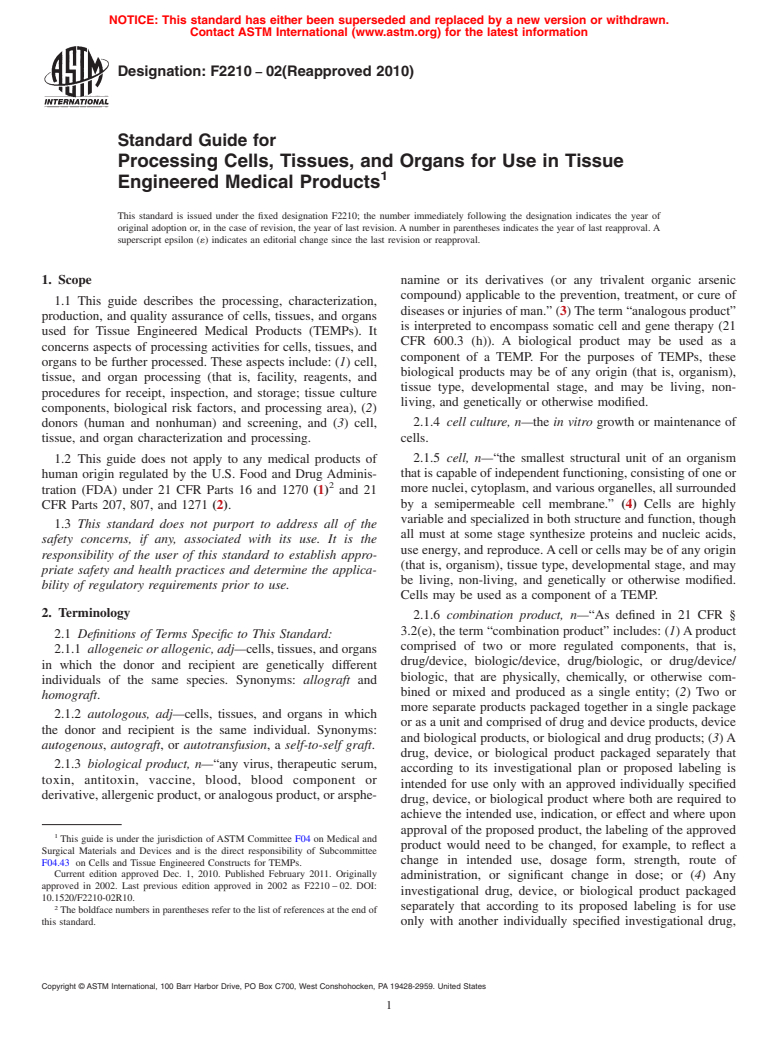 ASTM F2210-02(2010) - Standard Guide for Processing Cells, Tissues, and Organs for Use in Tissue Engineered Medical Products (Withdrawn 2015)