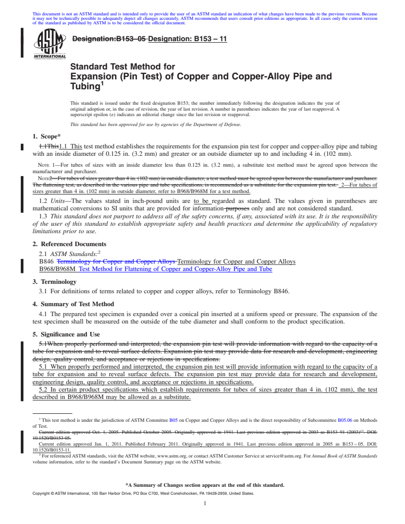 REDLINE ASTM B153-11 - Standard Test Method for Expansion (Pin Test) of Copper and Copper-Alloy Pipe and Tubing