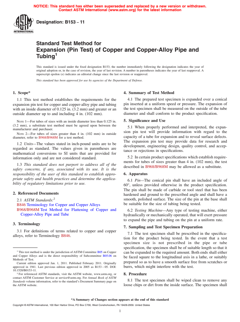 ASTM B153-11 - Standard Test Method for Expansion (Pin Test) of Copper and Copper-Alloy Pipe and Tubing