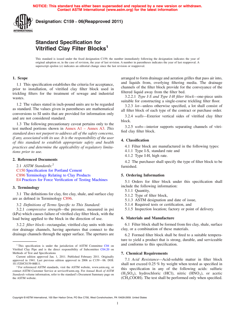 ASTM C159-06(2011) - Standard Specification for Vitrified Clay Filter Blocks