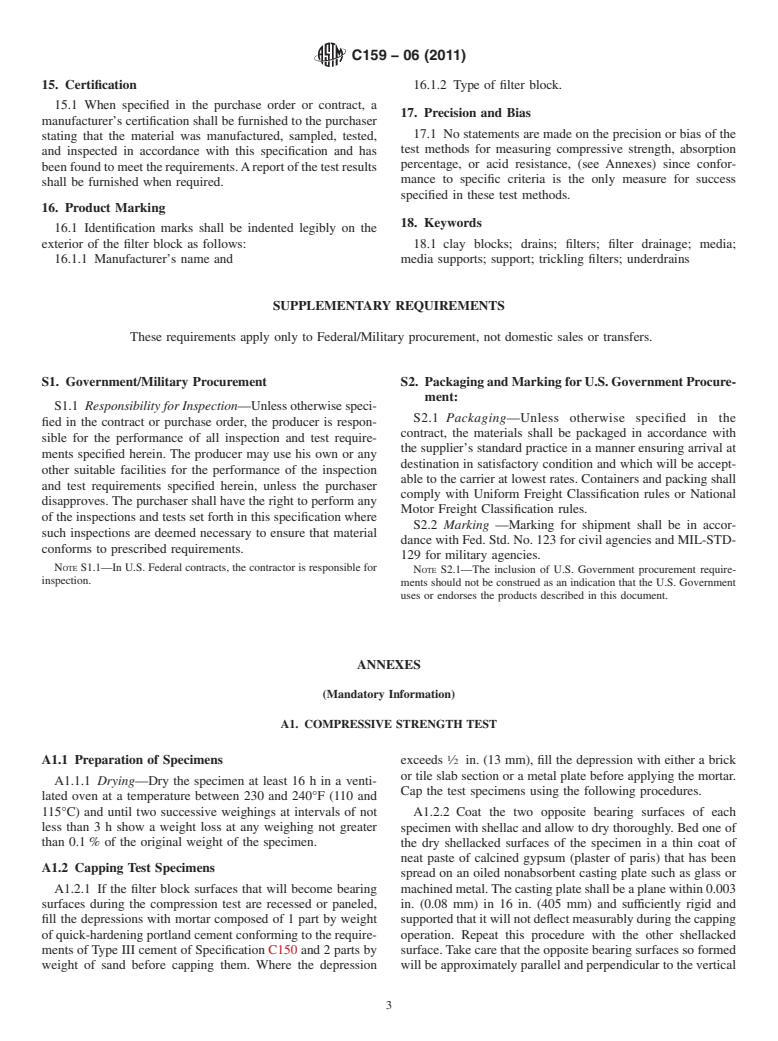 ASTM C159-06(2011) - Standard Specification for Vitrified Clay Filter Blocks