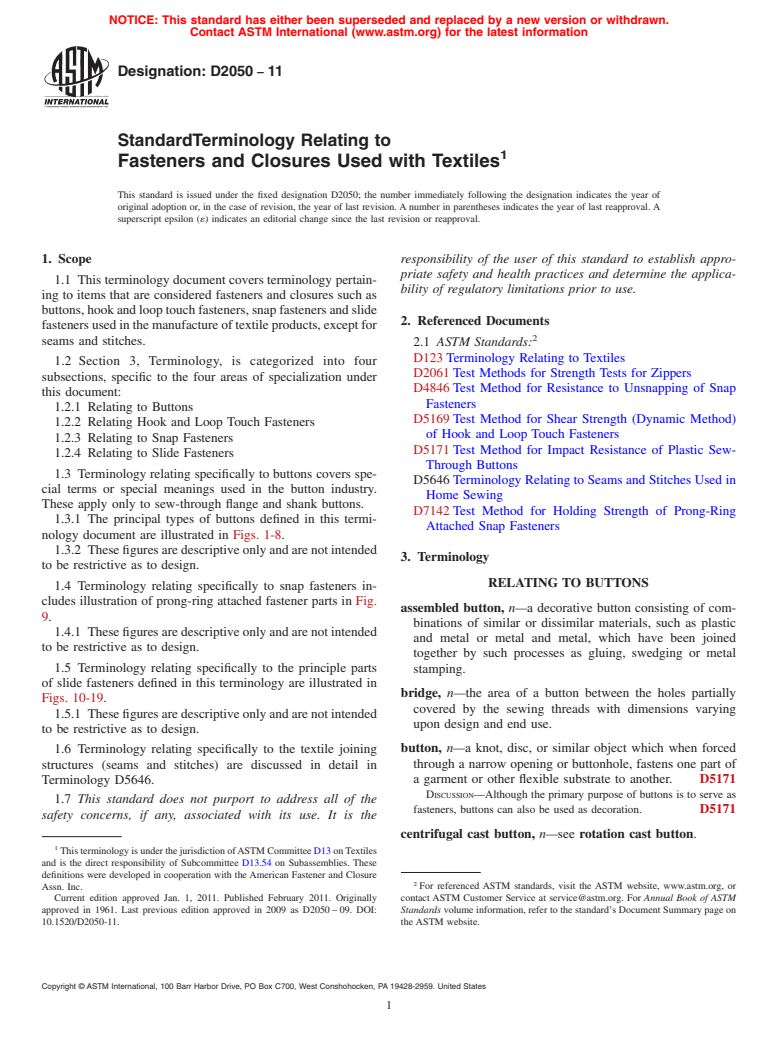 ASTM D2050-11 - Standard Terminology Relating to  Fasteners and Closures Used with Textiles