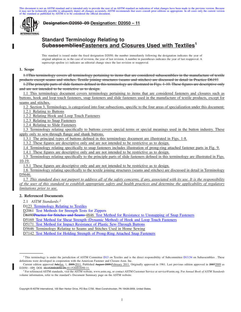 REDLINE ASTM D2050-11 - Standard Terminology Relating to  Fasteners and Closures Used with Textiles