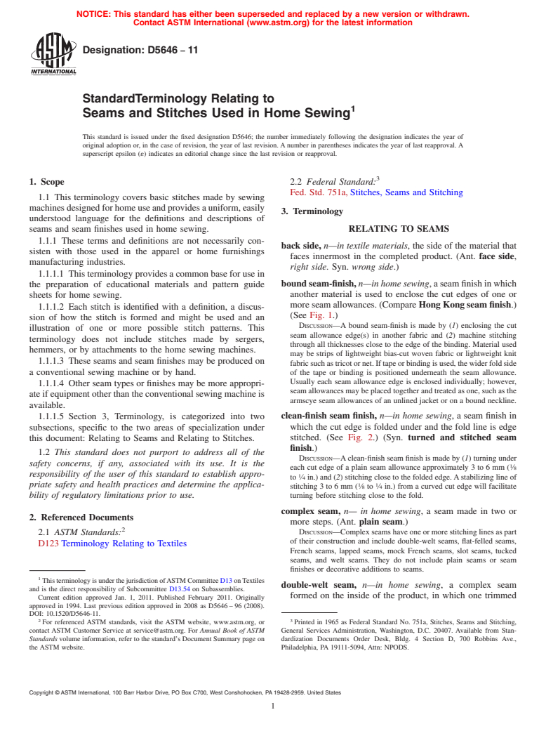 ASTM D5646-11 - Standard Terminology of  Basic Sewing Machine Stitches for Home Use