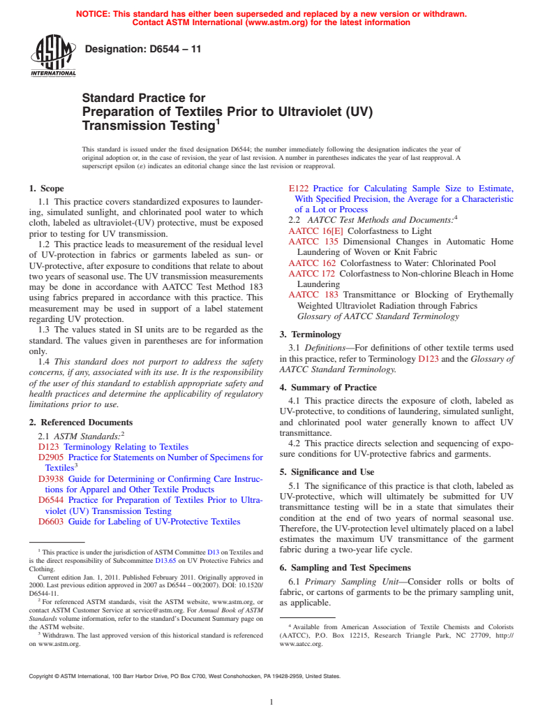 ASTM D6544-11 - Standard Practice for Preparation of Textiles Prior to Ultraviolet (UV) Transmission Testing