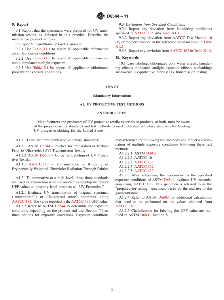 ASTM D6544-11 - Standard Practice for Preparation of Textiles Prior to Ultraviolet (UV) Transmission Testing