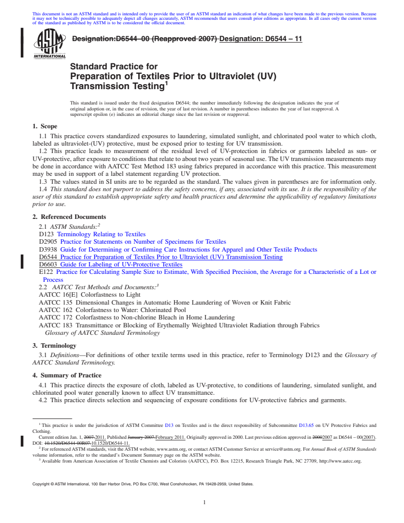 REDLINE ASTM D6544-11 - Standard Practice for Preparation of Textiles Prior to Ultraviolet (UV) Transmission Testing