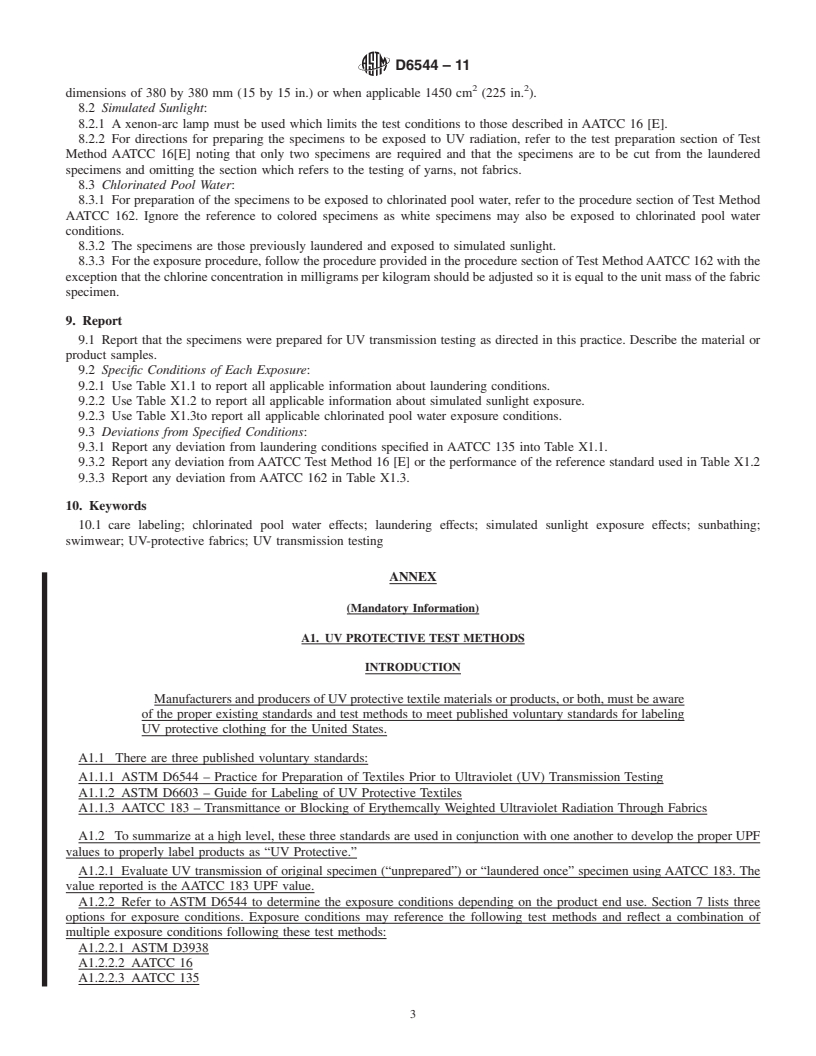 REDLINE ASTM D6544-11 - Standard Practice for Preparation of Textiles Prior to Ultraviolet (UV) Transmission Testing