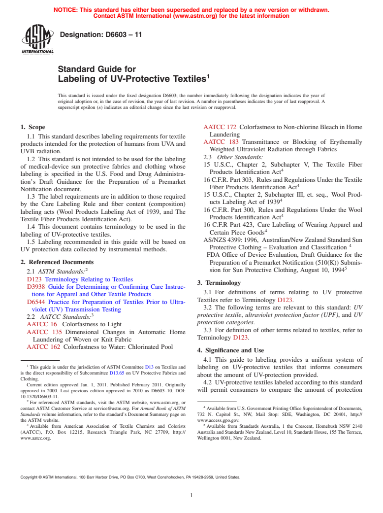 ASTM D6603-11 - Standard Guide for Labeling of UV-Protective Textiles