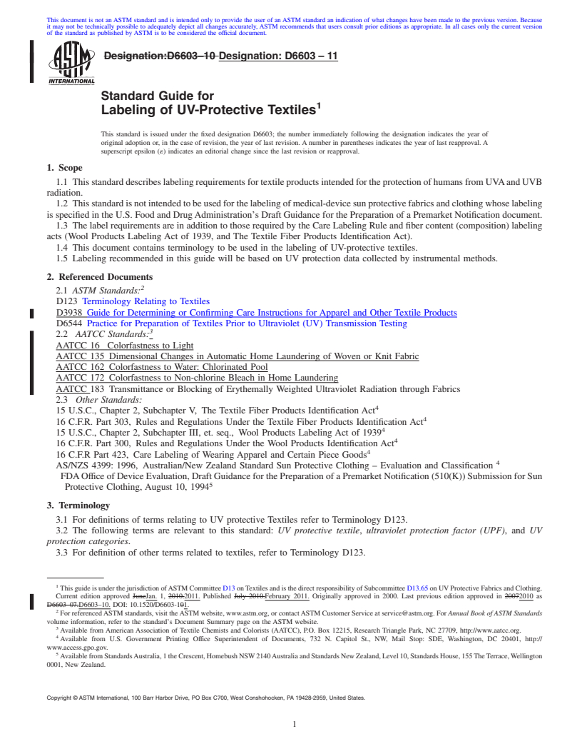 REDLINE ASTM D6603-11 - Standard Guide for Labeling of UV-Protective Textiles